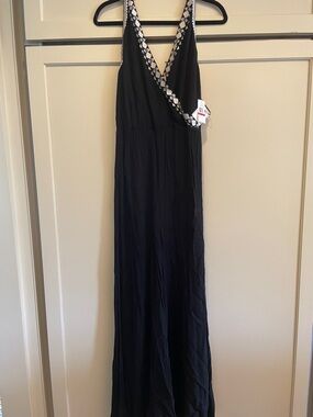 1. State Women's Black White Embroidered Halter High-Slit Wide-Leg Jumpsuit, XS